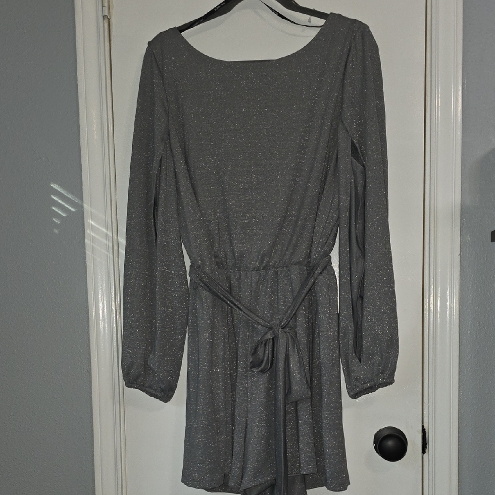 BCBG Silver Gray Long Sleeve Sparkle Dress with Tie Waist